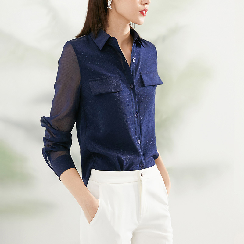 晚白2021春季新品简约纯色翻领长袖休闲百搭常规上衣衬衫衬衣女