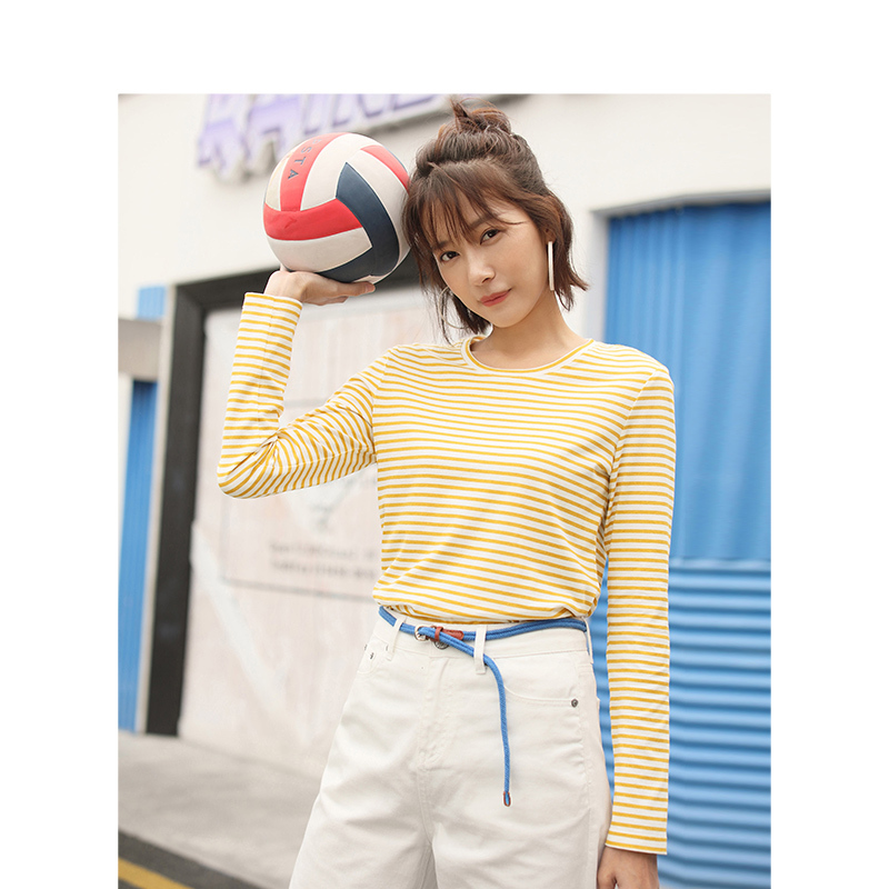 茵曼2019春装新款圆领韩版潮流条纹百搭休闲复古显瘦长袖T恤女