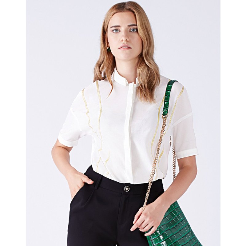 moonbasa梦芭莎欧美时尚撞色织带立领落肩五分袖宽松衬衫