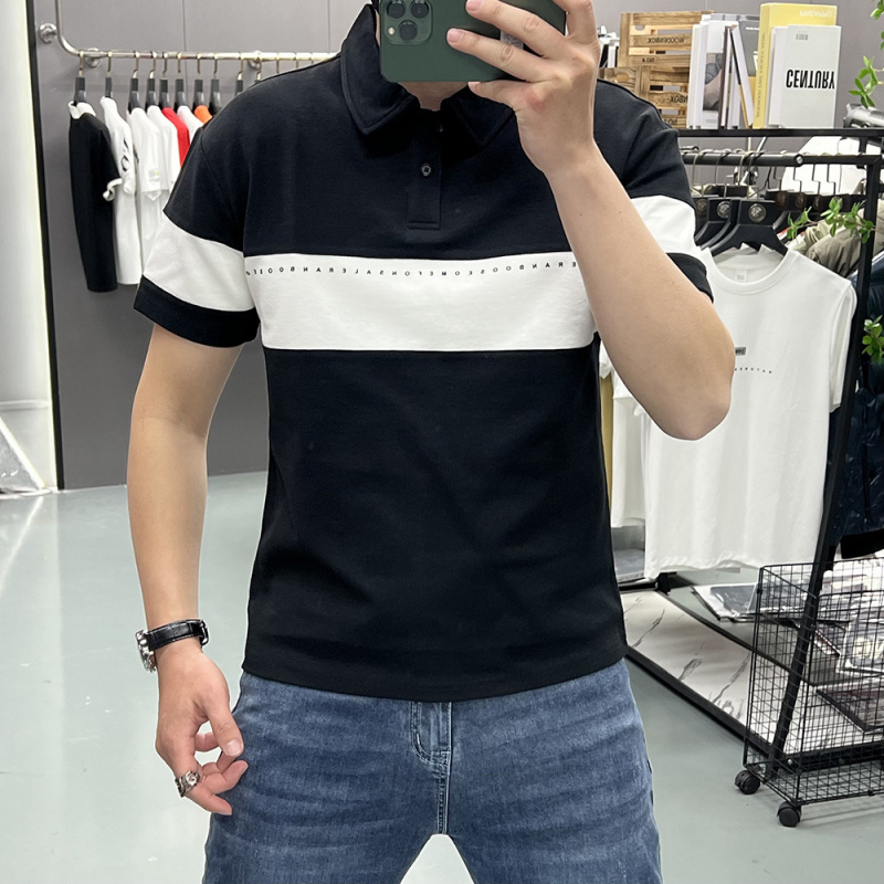 高端绅士短袖夏季新款polo衫男条纹日常圆领翻领针织T恤上衣拼色