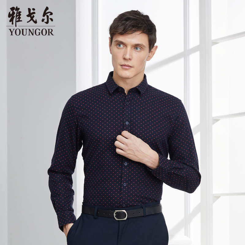 Youngor/雅戈尔秋冬新品男士商务正装纯棉蓝色绒面修身长袖衬衫180FFY