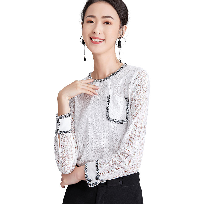 欧昵雪秋装气质毛边圆领套头打底衫蕾丝衫女长袖蕾丝上衣