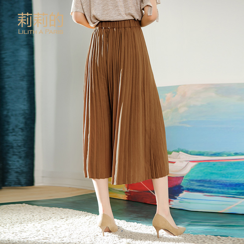 莉莉的 阔腿裤女装 夏季新款高腰系带雪纺裤宽松百褶七分裤女