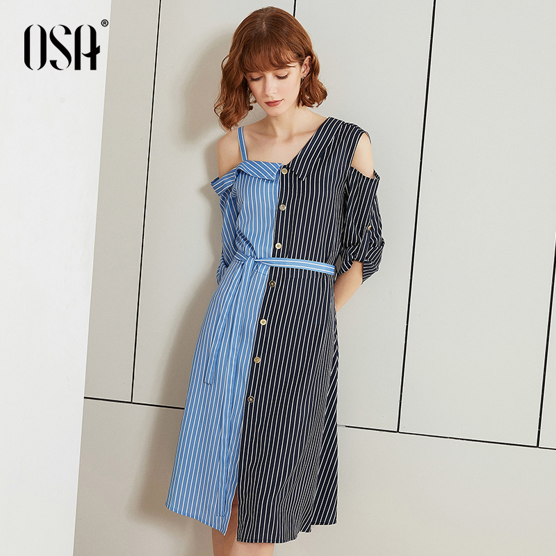 OSA欧莎条纹一字肩衬衫连衣裙女夏2019新款露肩吊带衬衣裙