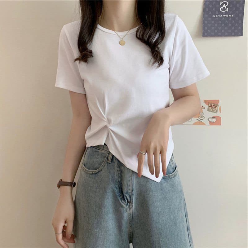 设计感不规则下摆短袖T恤女夏短款打底衫女休闲纯色上衣女装图片
