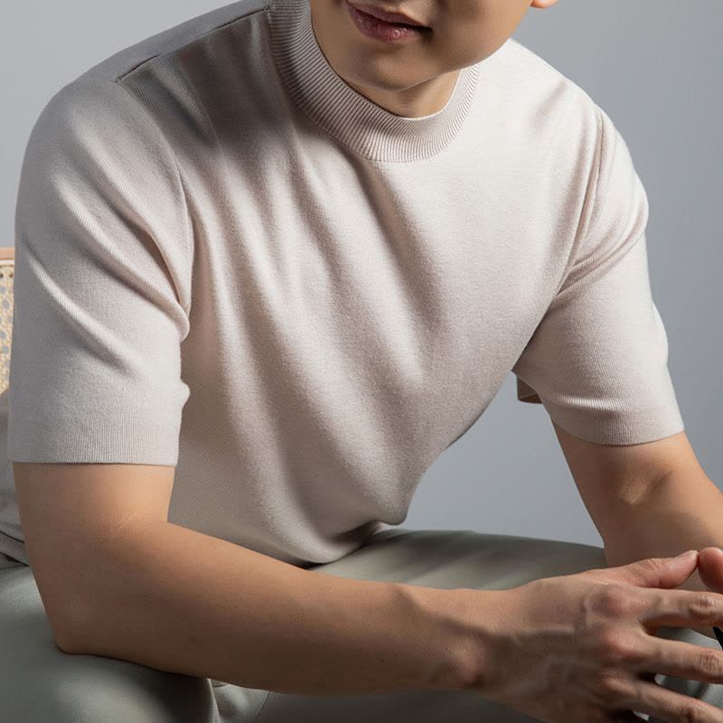 16针莱赛尔可机洗羊毛衫男秋冬新款半高领打底短袖毛衣男图片