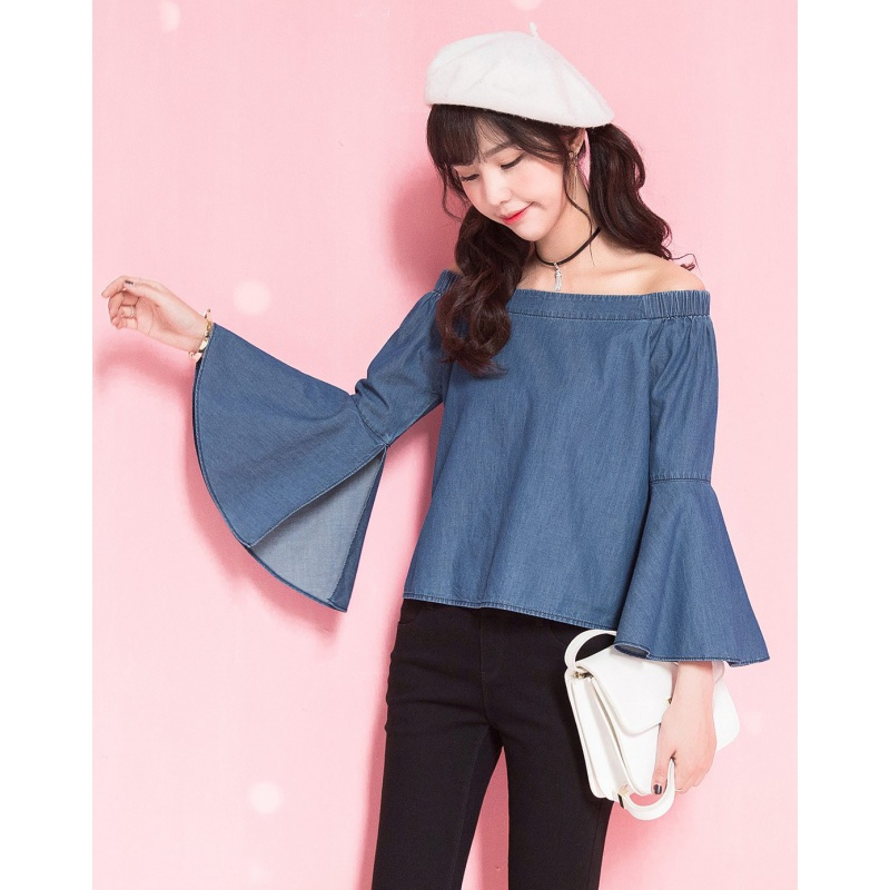 福利款拉夏贝尔甜美一字领荷叶袖上衣牛仔衬衫视频