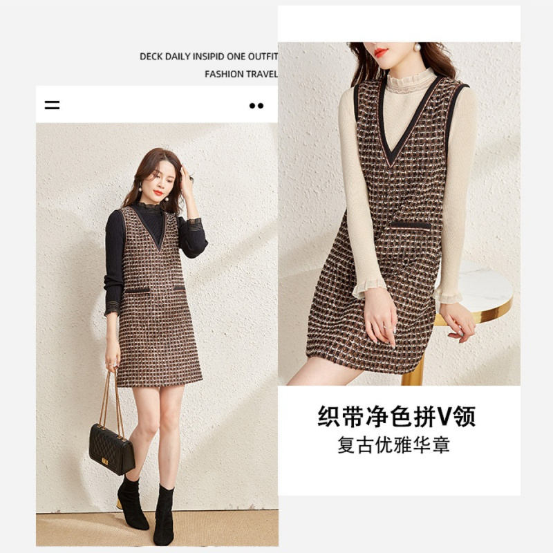 OUNIXUE欧昵雪 | [小香风V领背心裙]秋冬季复古粗花呢修身无袖连衣裙女士