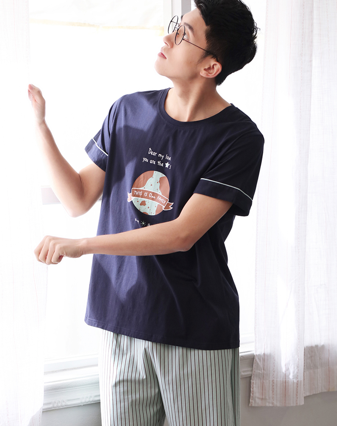 安之伴棉质弹力针织素色插印条短袖男套装B72B130