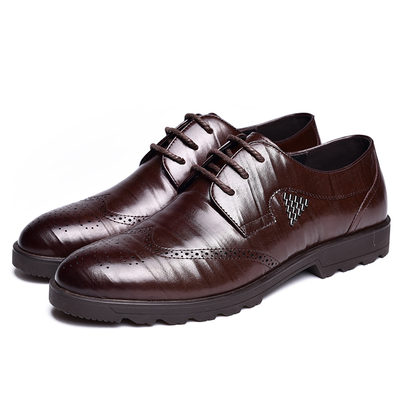 金猴jinho时尚商务休闲牛皮手抓皮纹路布洛克办公室系带男士低帮皮鞋