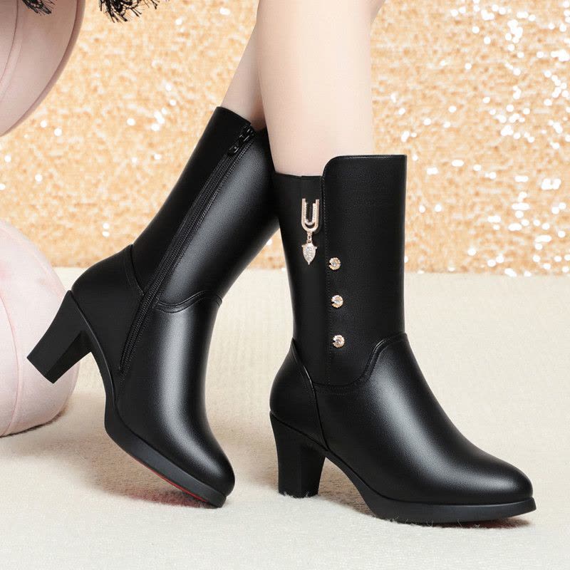 中筒靴子冬季新款舒适软底高跟女靴子加绒保暖中老年女士棉靴皮鞋图片