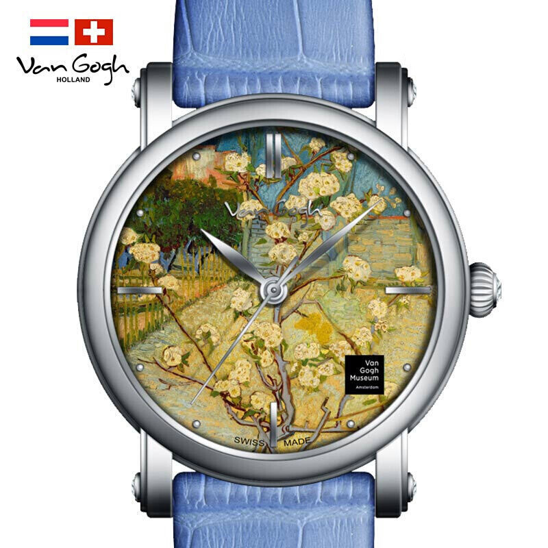 梵高（VAN GOGH）瑞士手表 3D打印油画表面皮革表带时尚休闲 石英表 女士 盛开的小梨树Lady18