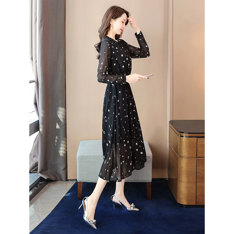 丝柏舍2020春季女时尚气质长袖修身中长印花连衣裙S01R0519L