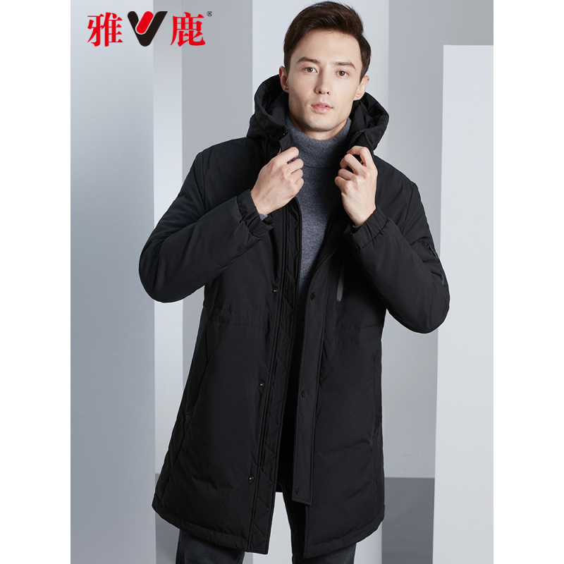 雅鹿羽绒服男新款冬季中长款中年男外套加厚爸爸男士连帽羽绒衣D
