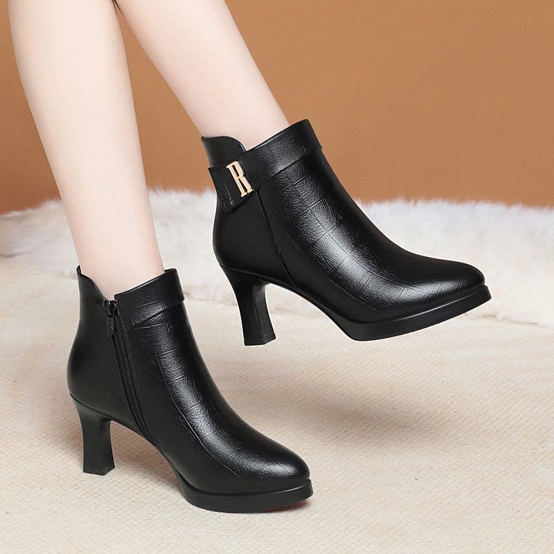 高跟短靴女秋冬季新款时尚百搭厚底防水台加绒棉鞋防滑女士单靴子图片