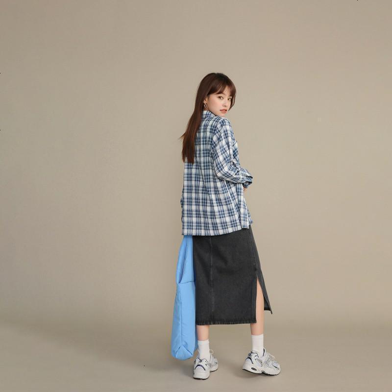 OtherMix蓝色格子衬衫2021年新款衬衣女设计感小众长袖春季上衣潮