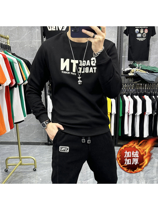 欧洲站字母卫衣男秋冬字母潮ins修身潮流帅气休闲加绒长袖T恤上衣