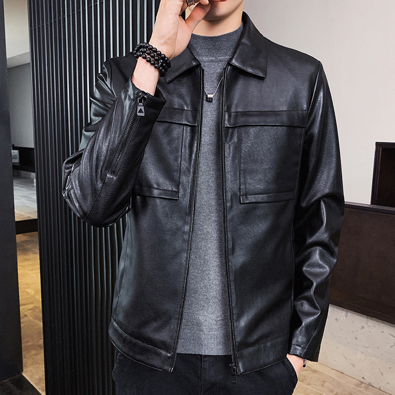 comeacross秋季新款翻领立体贴袋皮衣男休闲男士皮夹克外套
