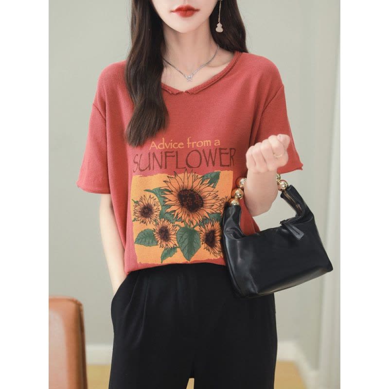 向日葵印花V领纯色T恤宽松休闲通勤春夏新款全棉舒适透气针织短袖图片