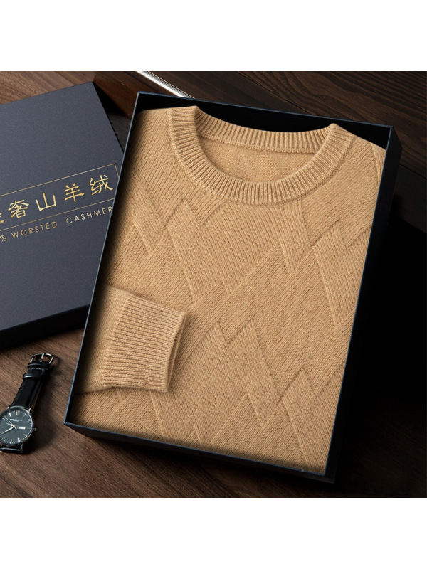 秋冬新款男士圆领羊绒衫纯色提花加厚毛衣宽松休闲菱形打底针织衫