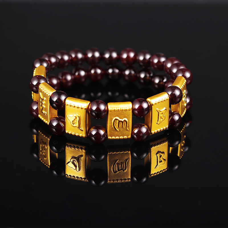 黄金码头 3D硬金999足金六字真言石榴石手排黄金转运珠手串手链首饰
