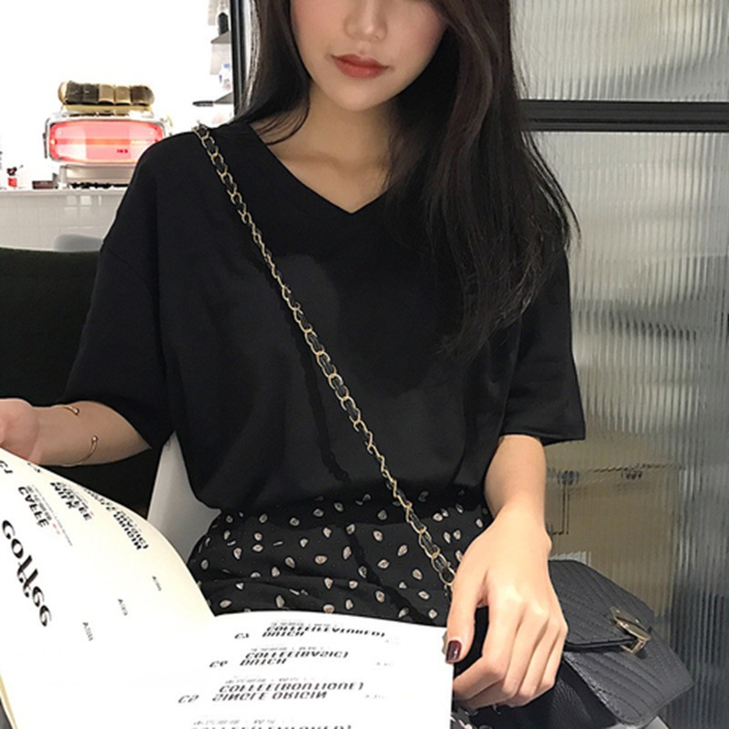 纯色V领宽松休闲短袖T恤女夏装韩版学生上衣女ins打底衫女装