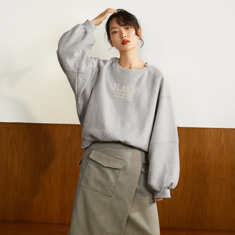 森宿Y套头落肩袖加绒卫衣女秋冬装2018新款短款圆领加厚拼接上衣