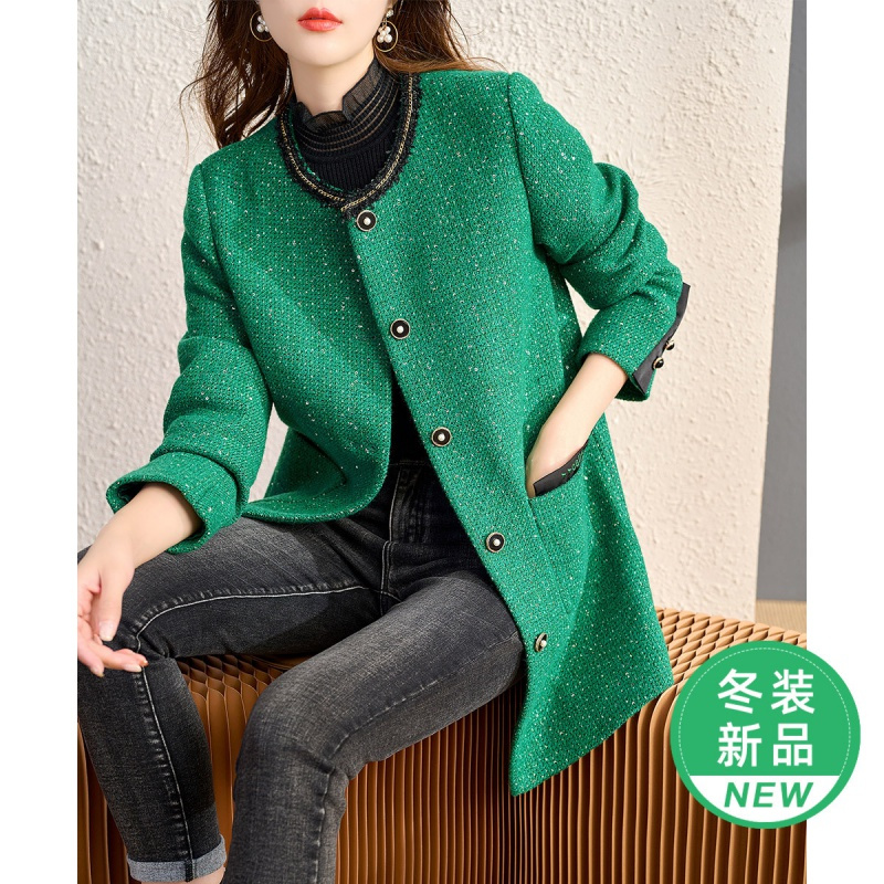 OUNIXUE欧昵雪 | [复古亮片中长款毛呢大衣]秋冬季气质圆领织带拼接外套女