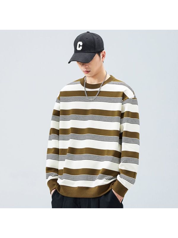 |男装条纹卫衣早秋圆领长袖T恤宽松潮流男士上衣潮牌打底衫