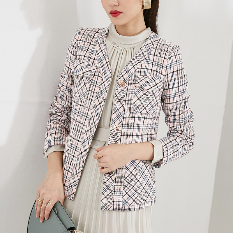 晚白2020冬季新品名媛淑女格子暗扣修身常规减龄小香风毛呢外套女