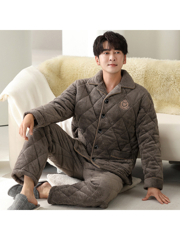 睡衣男士冬季开衫珊瑚绒三层夹棉加厚加绒法兰绒加大码家居服套装