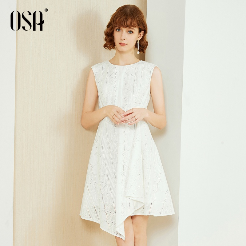 OSA欧莎无袖A字连衣裙2019新款夏女白色气质高腰裙子收腰显瘦洋气