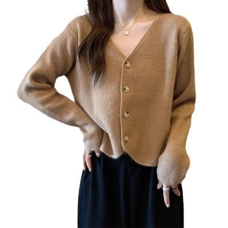 秋冬新款休闲韩版简约V领单排扣透气针织开衫长袖上衣女外套图片