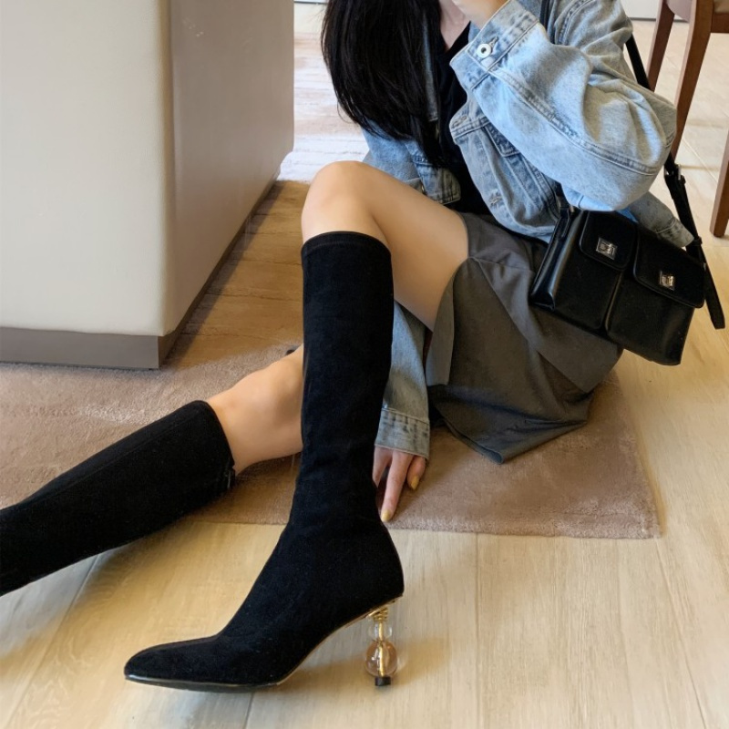 格瑞迪欧弹力靴新款水晶跟尖头瘦瘦靴及膝长靴女靴子单靴高筒靴骑士