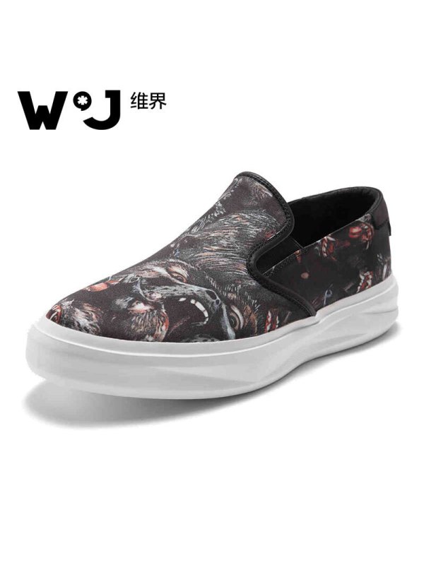 维界W*J秋季新款个性印花潮流低帮板鞋韩版耐磨乐福鞋 黑色 41