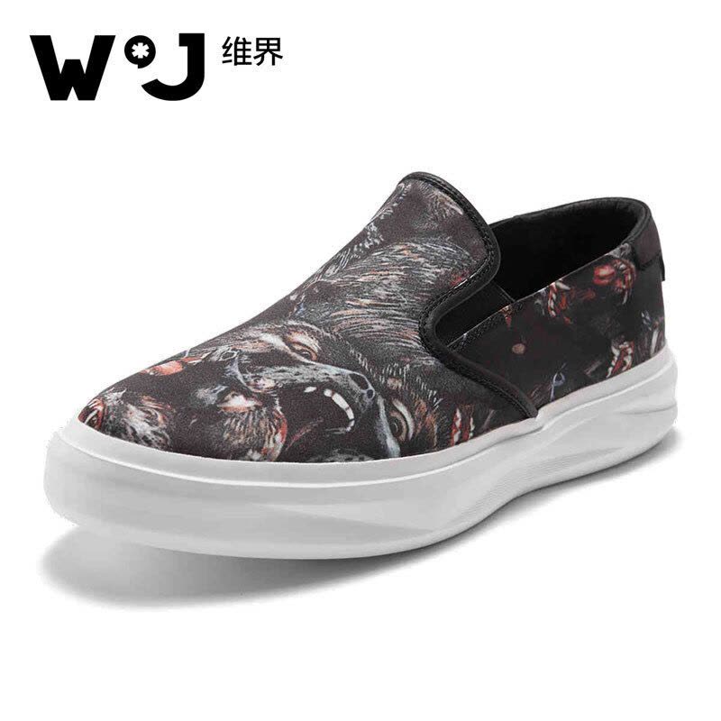 维界W*J秋季新款个性印花潮流低帮板鞋韩版耐磨乐福鞋 黑色 41图片