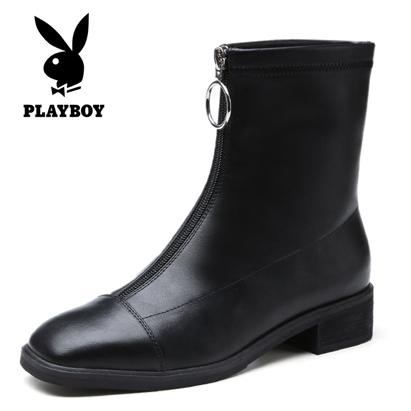 PLAYBOY/花花公子秋冬季加绒纯色休闲韩版前拉链设计圆头粗跟时尚网红马丁机车靴女