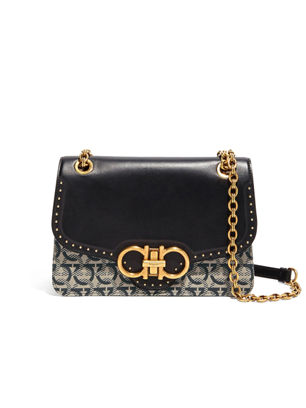 预订FERRAGAMO 老花款 GANCINI 链条包21H499 金扣 25*9*17CM 牛皮革\织物