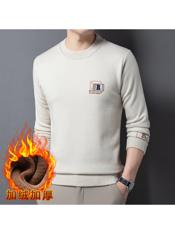 加绒毛衣男士圆领套头休闲刺绣加厚保暖打底男士针织衫