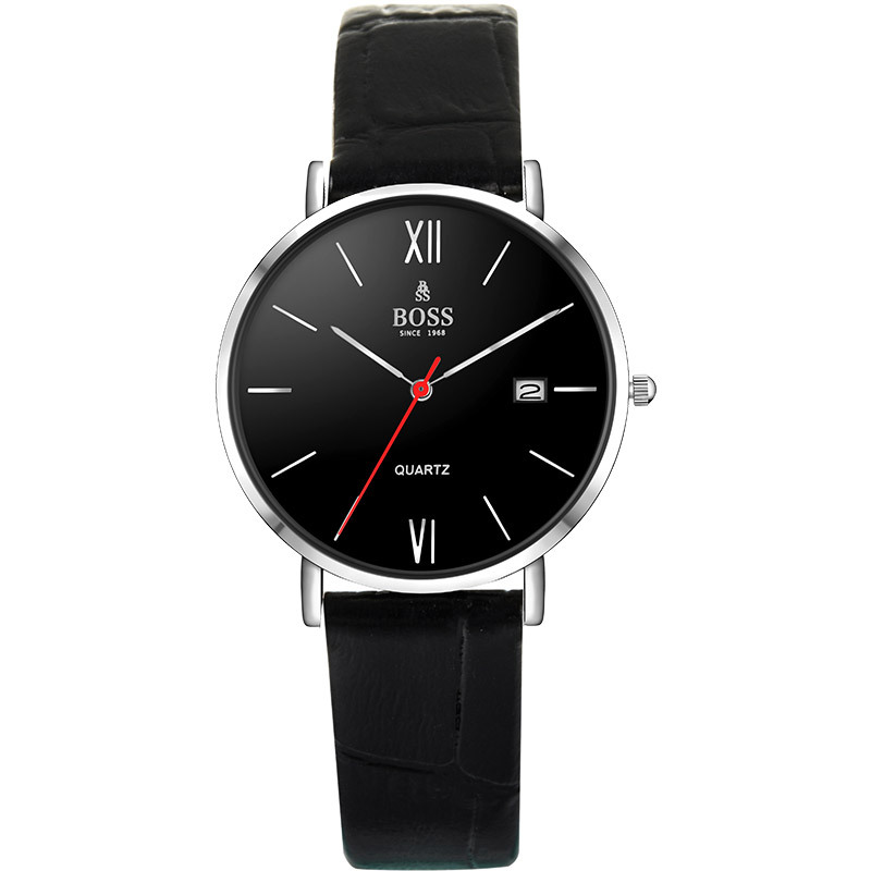 boss手表城市系列时尚潮流黑面三针日历情侣表皮带防水情侣石英腕表