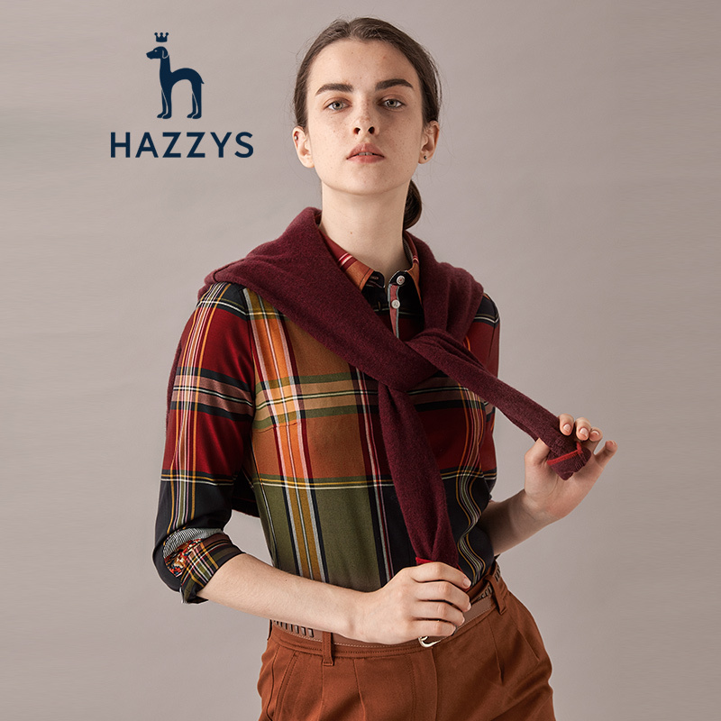 哈吉斯HAZZYS 秋冬 衬衫女百搭格纹英伦长袖衬衫