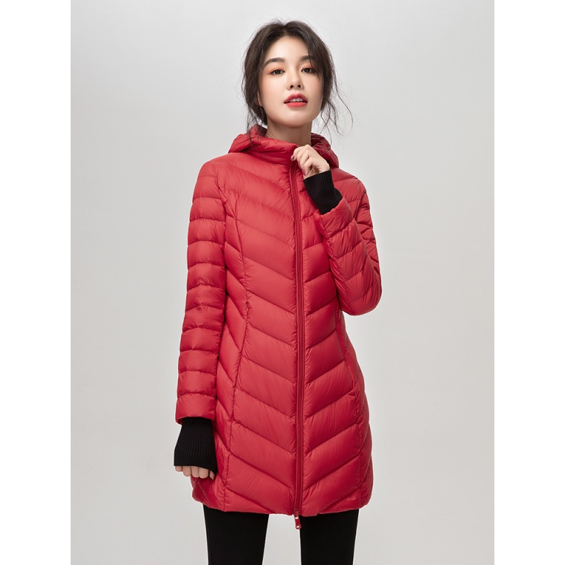 高梵（GOLDFARM）秋冬韩版修身轻薄羽绒服女中长款连帽简约羽绒外套