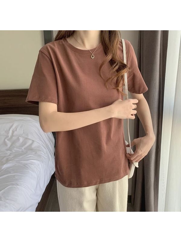 6535棉 韩版纯色复古短袖T恤女新款百搭宽松学生显瘦休闲上衣
