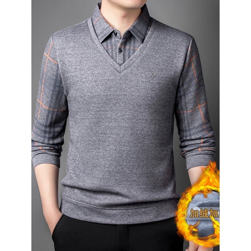 新款T恤加绒假两件男士长袖polo衫加厚鸡心领休闲打底衫男装上衣图片