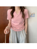 设计感V领抽绳修身纯欲风短袖T恤女装夏季新款纯色学生上衣潮