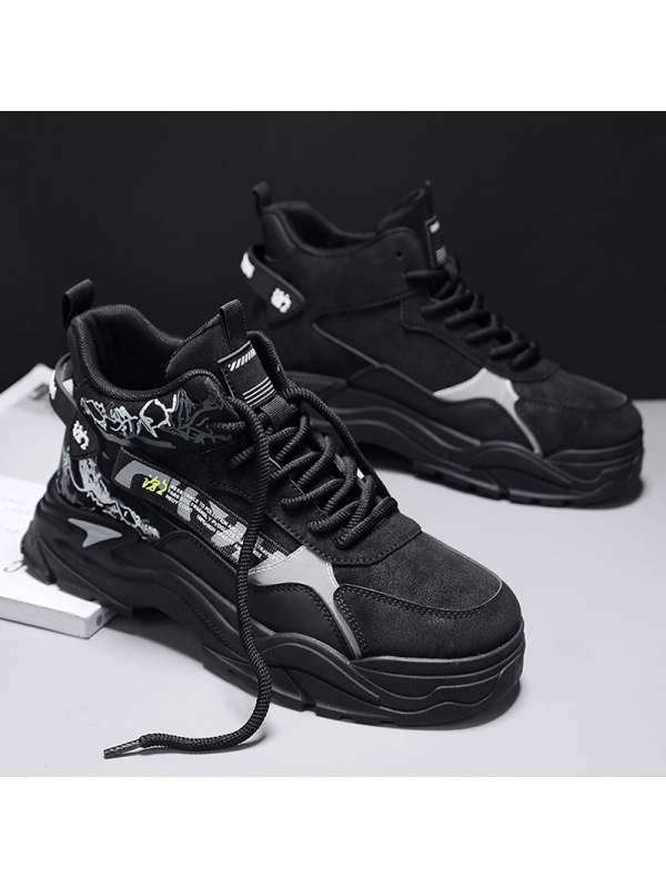 秋季新款皮面高帮男士运动潮男靴皮革拼接复古花纹厚底时尚马丁靴