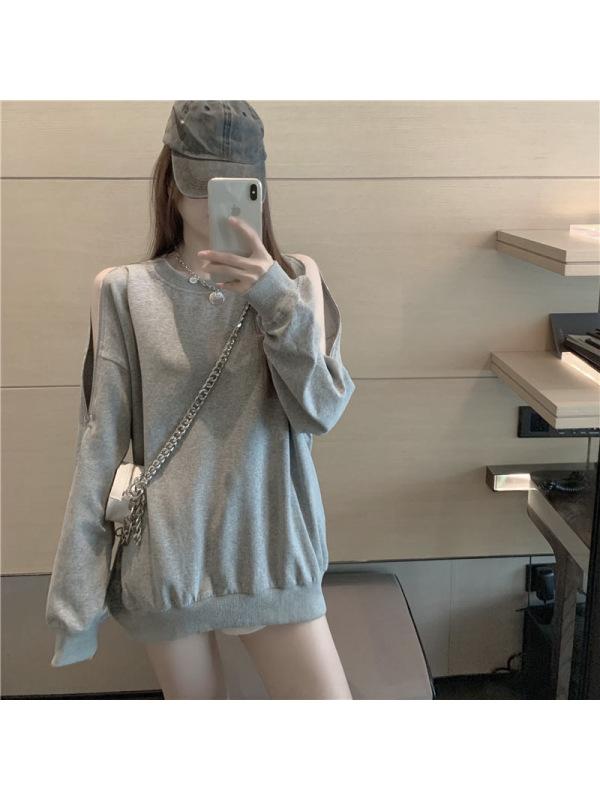 秋冬季长袖露肩拉链卫衣女宽松韩版圆领薄款T恤女士外套上衣女装