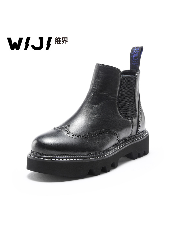 WIJI靴子女新款韩版粗跟真皮套筒切尔西靴厚底百搭潮流时尚休闲鞋