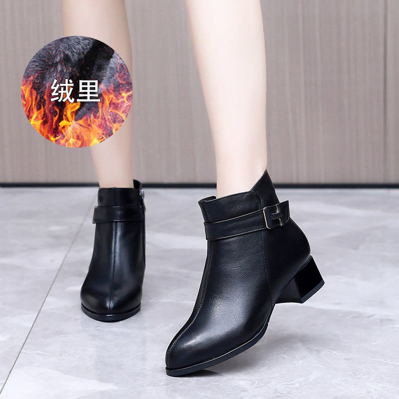 真皮尖头中跟低筒加绒纯色牛皮短靴女大码时装靴2023秋冬新款图片