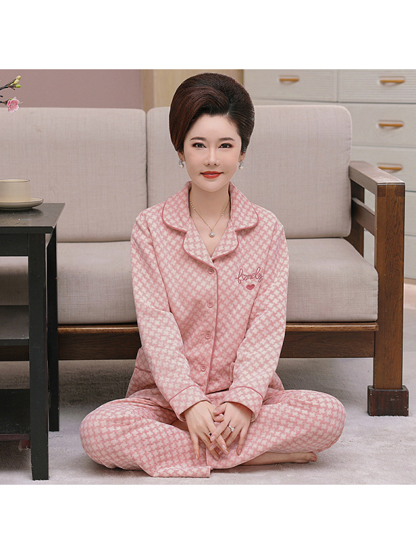 妈妈睡衣女秋冬季中老年空气棉加厚大码薄款夹棉可外穿女夹层套装
